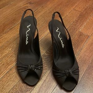 Nina dark brown satin open toe, sling back heels